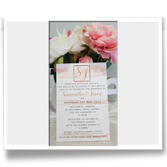 Blush pink and gold tones on white rectangle graphic design invitation